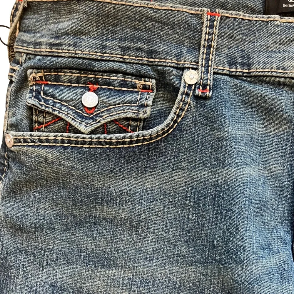 True Religion Geno Big T Flap Slim Jeans Mens 36 Medium Steamy Wash Blue 700393‎